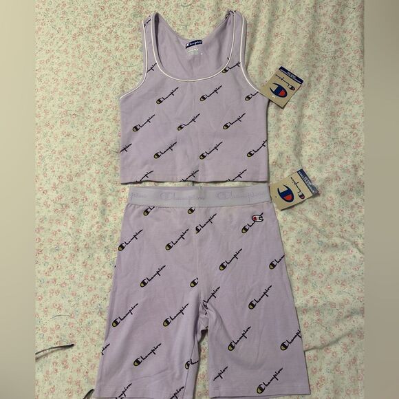 Champion Pants - Champion Logo Print Crop Tank & Biker Shorts Set Lavender Size Small NWT